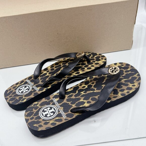 Tory Burch Eva Sole Flip Flops Black Leopard Print Logo Thong Sandal Womens US 5 - Picture 7 of 12